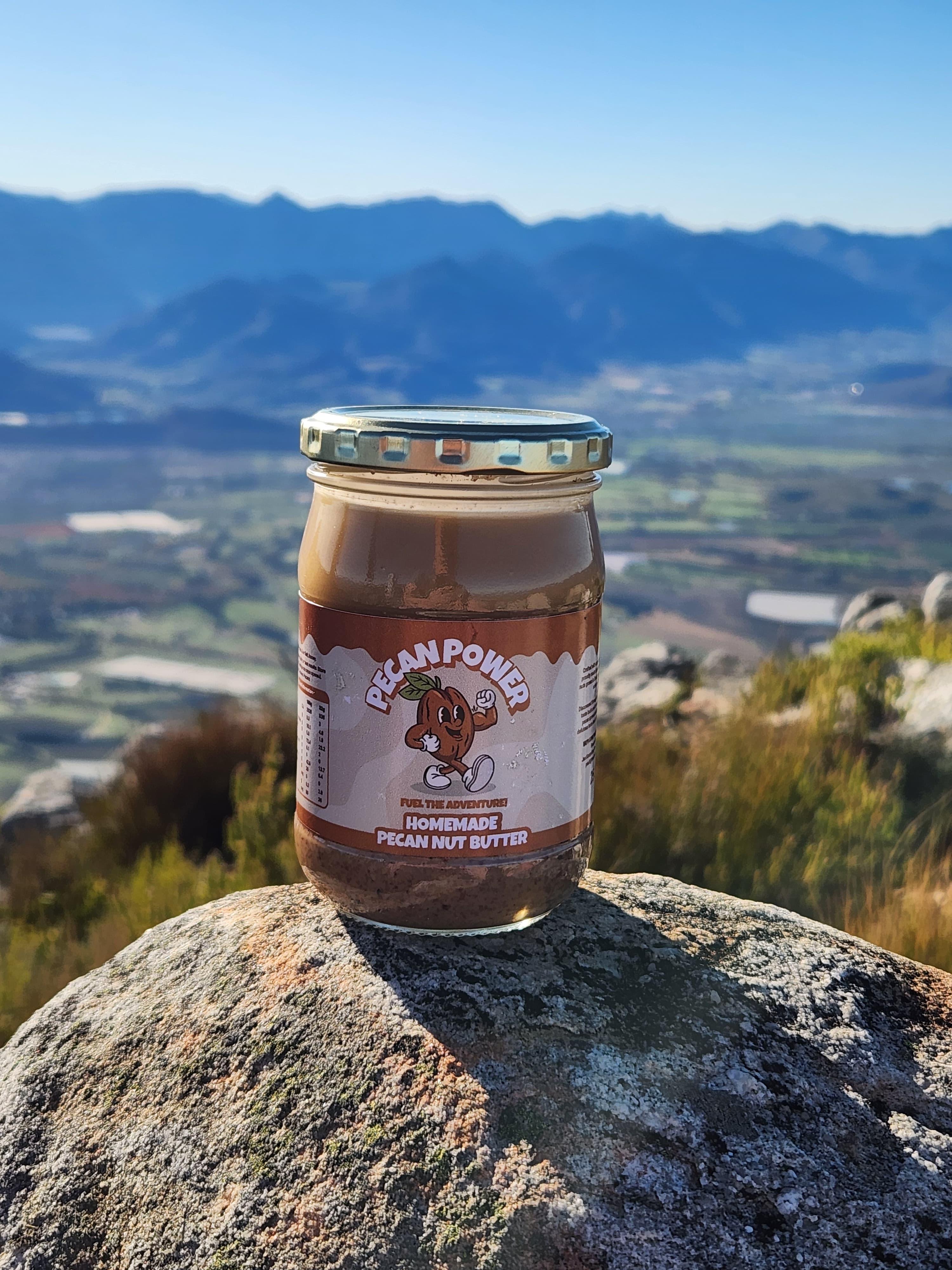 Pecan Power jar on a mountain rock